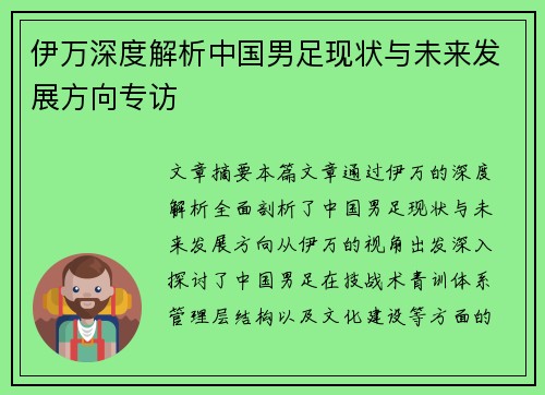伊万深度解析中国男足现状与未来发展方向专访 伊万深度解析中国男足现状与未来发展方向专访